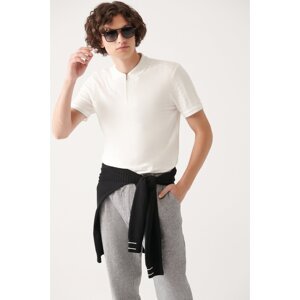 Avva Men's White 100% Cotton Zippered Polo Neck Jacquard Slim Fit Slim Fit T-shirt