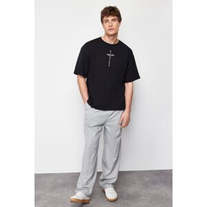 Trendyol Men's Black Oversize/Wide-Fit Crinoline Print 100% Cotton T-shirt