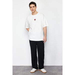 Trendyol Ecru Men's Oversize Mushroom Embroidered 100% Cotton T-Shirt