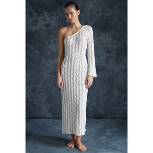 Trendyol Bridal Beige Belted Fitted Maxi Knitted Knitwear Effect One-Shoulder Beach Dress