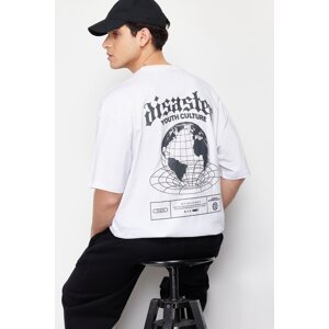 Trendyol White Oversize/Wide Cut Fluffy Text Printed Short Sleeve 100% Cotton T-Shirt