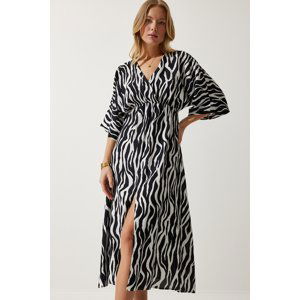 Happiness İstanbul Women's Black and White Deep V Neck Summer Long Viscose Dress