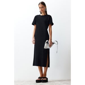 Trendyol Black Plain T-shirt Dress 100% Cotton Slit Detail Shift/Casual Fit Midi