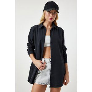 Happiness İstanbul Women's Black Slit Poplin Boyfriend Shirt