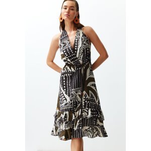 Trendyol Tropical Patterned Belted Midi Woven Ruffle 100% Cotton Beach Dress