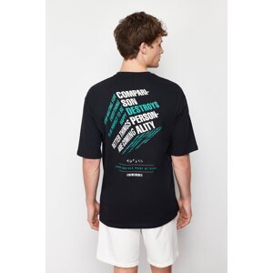 Trendyol Men's Black Oversize/Wide Cut 100% Cotton Fluffy Text Printed T-Shirt