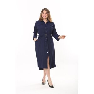Şans Women's Plus Size Navy Blue Front Length Buttoned Chest Pocket Long Sleeve Dress