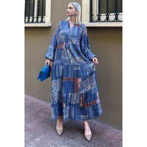 Madmext Saxe Blue Elastic Half Buttoned Big Collar Floral Dress