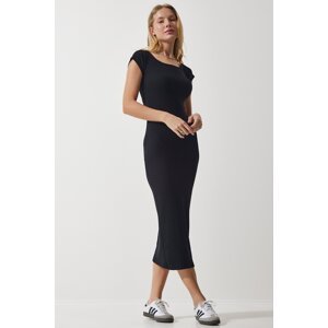 Happiness İstanbul Women's Black Crew Neck Ribbed Knitted Modal Dress