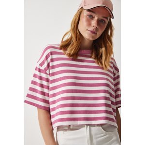 Happiness İstanbul Women's Pale Pink Crew Neck Striped Crop Knitted T-Shirt