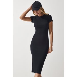 Happiness İstanbul Women's Black Crew Neck Wraparound Ribbed Knitted Dress