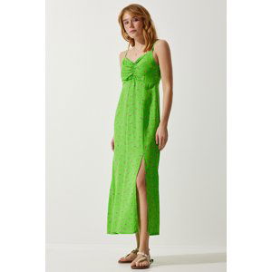 Happiness İstanbul Women's Peanut Green Strappy Patterned Viscose Dress