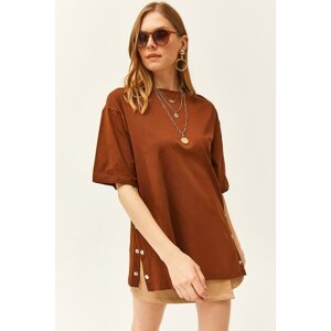 Olalook Women's Brown Buttoned Side Cotton T-Shirt