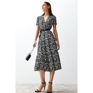 Trendyol Black Floral Double Breasted Skater/Ribbed Flexible Knitted Midi Dress