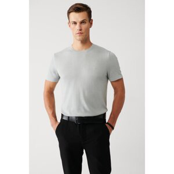 Avva Men's Gray Crew Neck Cotton Standard Fit Regular Cut Thin Knitwear T-shirt