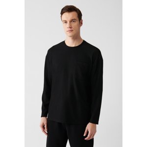 Avva Men's Black Oversize No Iron Jacquard Long Sleeved Pocket T-shirt