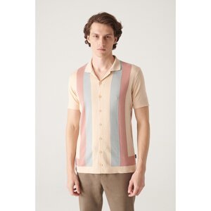Avva Men's Beige Cuban Collar Striped Knitwear T-shirt