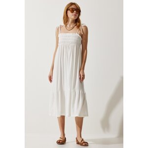 Happiness İstanbul Women's White Strappy Crinkle Summer Knitted Dress