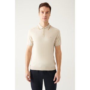 Avva Men's Beige Polo Neck Stripe Detailed Shoulder Ribbed Standard Fit Regular Cut Knitwear T-shirt