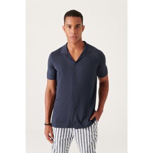 Avva Men's Navy Blue Cuban Collar Buttoned Standard Fit Normal Cut Knitwear T-shirt