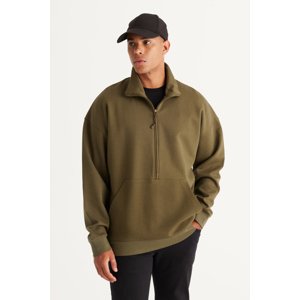 AC&Co / Altınyıldız Classics Men's Khaki Oversize Loose Cut Fleece Thread High Bato Collar Cotton Sweatshirt