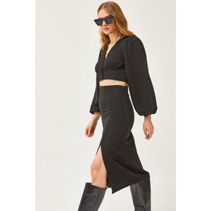 Olalook Women's Black Slit Skirt Knitted Suit