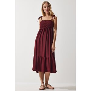Happiness İstanbul Women's Burgundy Strappy Crinkle Summer Knitted Dress