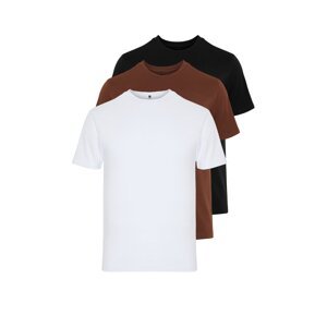 Trendyol Black-Brown-White Basic Slim Fit 100% Cotton 3-Pack T-Shirt