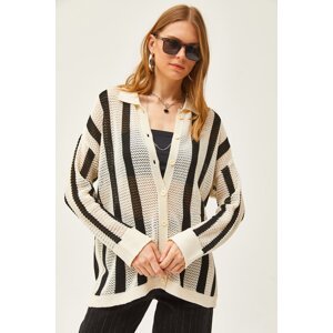Olalook Women's White Black Striped Openwork Seasonal Shirt GML-9001172