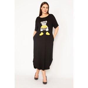 Şans Women's Large Size Black Digital Print and Applique Dress