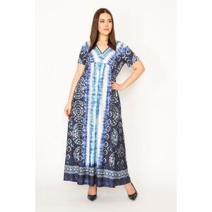 Şans Women's Plus Size Blue V-Neck Tie-Dye Pattern Long Dress
