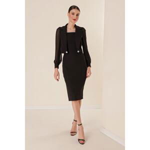 By Saygı Rope Strap Stone Detailed Pencil Dress Turn-Down Collar Sleeves Chiffon Short Jacket Lined 2-Piece Set