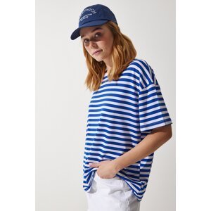 Happiness İstanbul Women's Blue Crew Neck Striped Oversize Knitted T-Shirt
