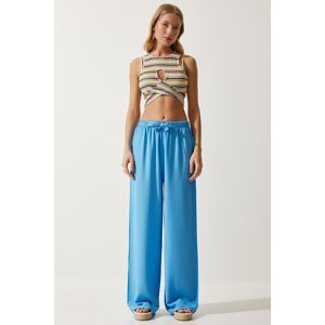 Happiness İstanbul Women's Sky Blue Flowy Knitted Palazzo Trousers