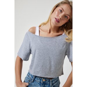 Happiness İstanbul Women's Gray Melange Boat Neck Basic Crop Knitted T-Shirt