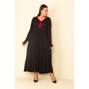 Şans Women's Plus Size Red Collar Detailed Waist Gathered Layered Long Dress