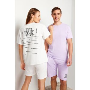 Trendyol Women's Ecru 100% Cotton Slogan Printed Knitted Pajamas Set