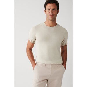 Avva Men's Beige Crew Neck Soft Touch Ribbed Standard Fit Normal Cut Knitwear T-shirt