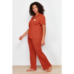 Trendyol Curve Cinnamon Embroidered Shirt Collar Knitted Pajamas Set