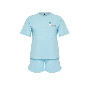 Trendyol Curve Light Blue Single Jersey Knitted Plus Size Pajamas Set