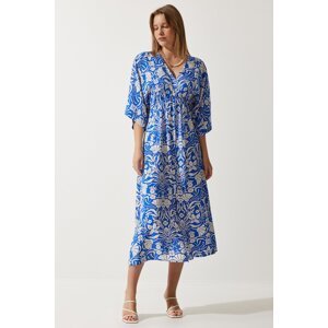 Happiness İstanbul Women's Blue White Wrapover Neck Patterned Summer Viscose Dress