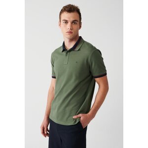 Avva Men's Khaki Collar Striped 100% Cotton Standard Fit Normal Cut 2 Button Polo Neck T-shirt