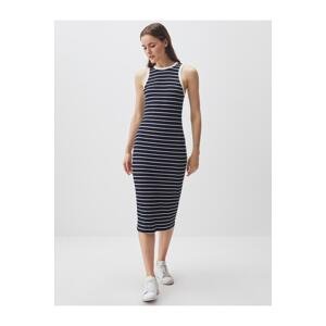 Jimmy Key Navy Blue Sleeveless Stripe Patterned Midi Dress