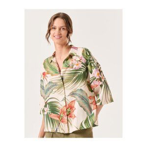 Jimmy Key Ecru Short Sleeve Tropical Patterned Linen Shirt