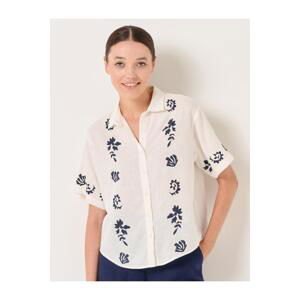 Jimmy Key White Short Sleeve Patterned Linen Woven Shirt