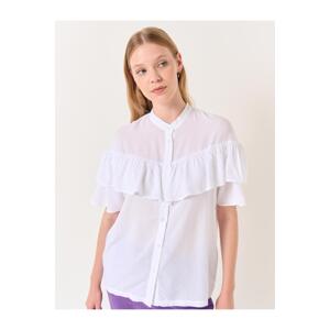 Jimmy Key White Shirt with a Large Collar Short Sleeves and a Frill Detailed Shirt.