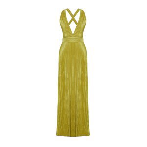 Trendyol Oil Green Pleated Sash Detailed Knitted Long Evening Evening Dress