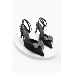 Marjin Women's Stiletto Pointed Toe Open Back Bow Heeled Shoes Miter Black