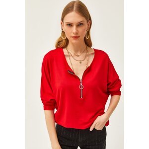 Olalook Women's Red Zipper Loose Lycra Flowy Blouse