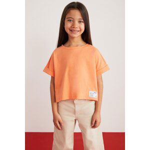 GRIMELANGE Verena Girl's 100% Cotton Double Sleeve Orange T-shirt with Ornamental Labe